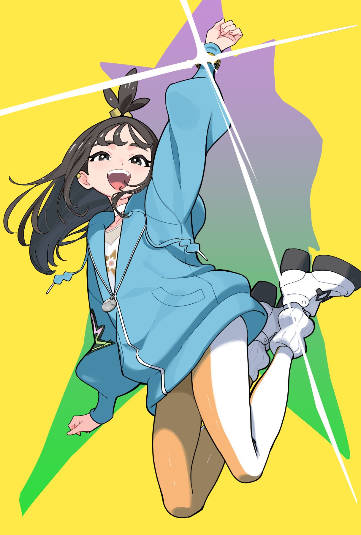 1girl, :d, arm_up, black_eyes, black_hair, blue_hoodie, cube_hair_ornament, hair_ornament
