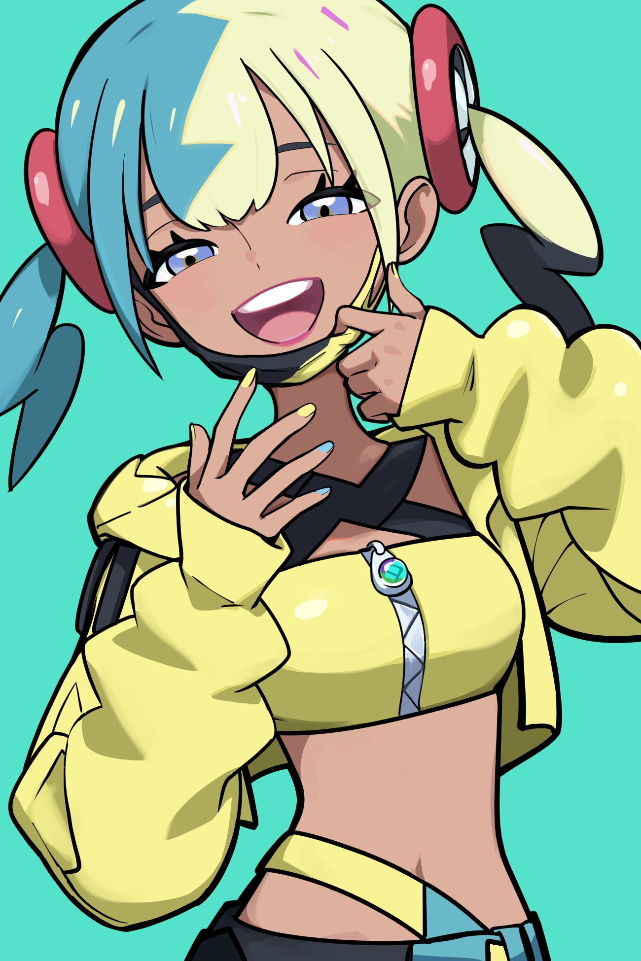 1girl, :d, aqua_background, aqua_hair, black_hair, blonde_hair, blue_nails, canari_(pokemon)