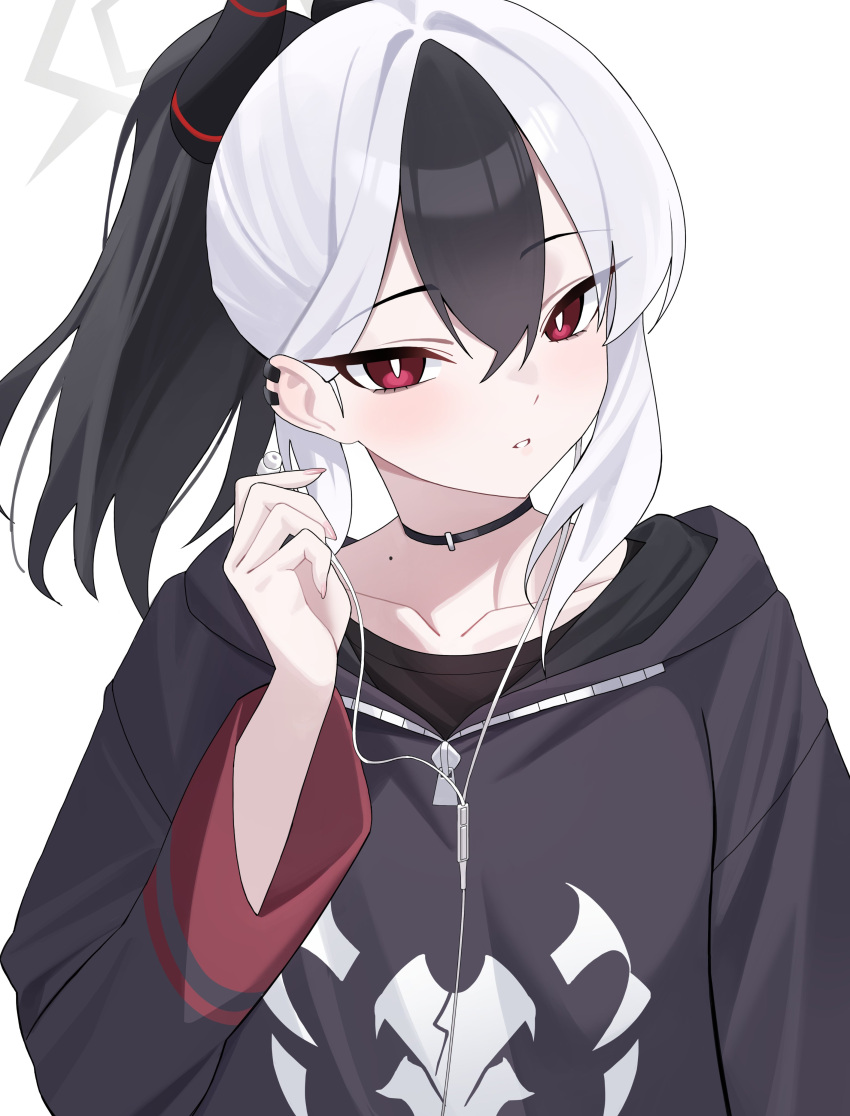 1girl, absurdres, black_choker, black_hair, black_hoodie, black_horns, blue_archive, choker