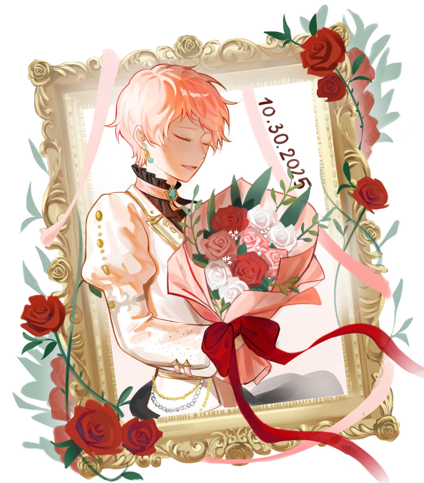 1boy, absurdres, bouquet, bow, closed_eyes, dated, earrings, ensemble_stars!, flower, highres, holding, holding_bouquet, itsuki_shu, jewelry, long_sleeves, male_focus, mikai_(lucialen_56), official_alternate_costume, open_mouth, picture_frame, pink_flower, pink_hair, pink_ribbon, pink_rose, raison_d'etre_(ensemble_stars!), red_bow, red_flower, red_rose, ribbon, rose, short_hair, smile, solo, white_background, white_flower, white_rose