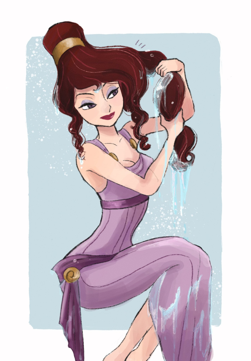1girl, ancient_greek_clothes, animification, brown_hair, dress, eyeshadow, greco-roman_clothes, hercules_(1997_movie), highres, ikematuikegorou, long_hair, looking_at_viewer, makeup, megara_(disney), ponytail, purple_dress, purple_eyeshadow, scene_reference, sleeveless, smile, violet_eyes, wet