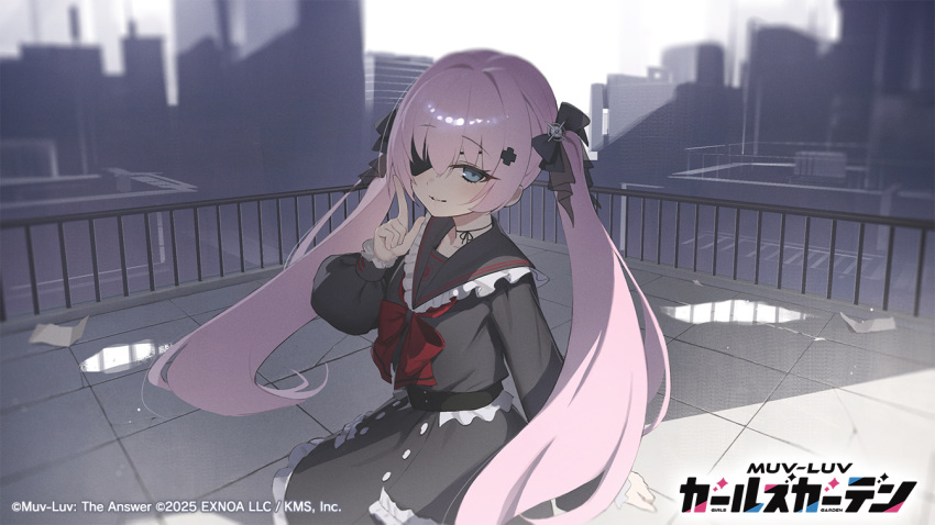 1girl, anis_bennett, artist_request, black_bow, black_dress, black_sailor_collar, blue_eyes, bow, bowtie, copyright_logo, copyright_name, copyright_notice, dress, eyepatch, frilled_dress, frills, hair_between_eyes, hair_bow, hair_ornament, logo, long_hair, muv-luv, muv-luv_girls_garden, official_art, one_eye_covered, outdoors, pink_hair, pointing, pointing_up, red_bow, red_bowtie, rooftop, sailor_collar, solo, twintails