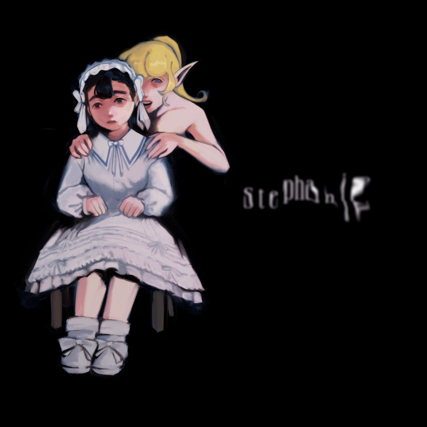 2girls, alternate_costume, alternate_universe, animification, black_hair, blonde_hair, blunt_bangs, collared_dress