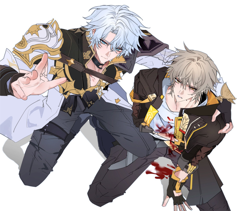 2boys, adam's_apple, armor, black_choker, black_gloves, black_jacket, black_pants, bleeding