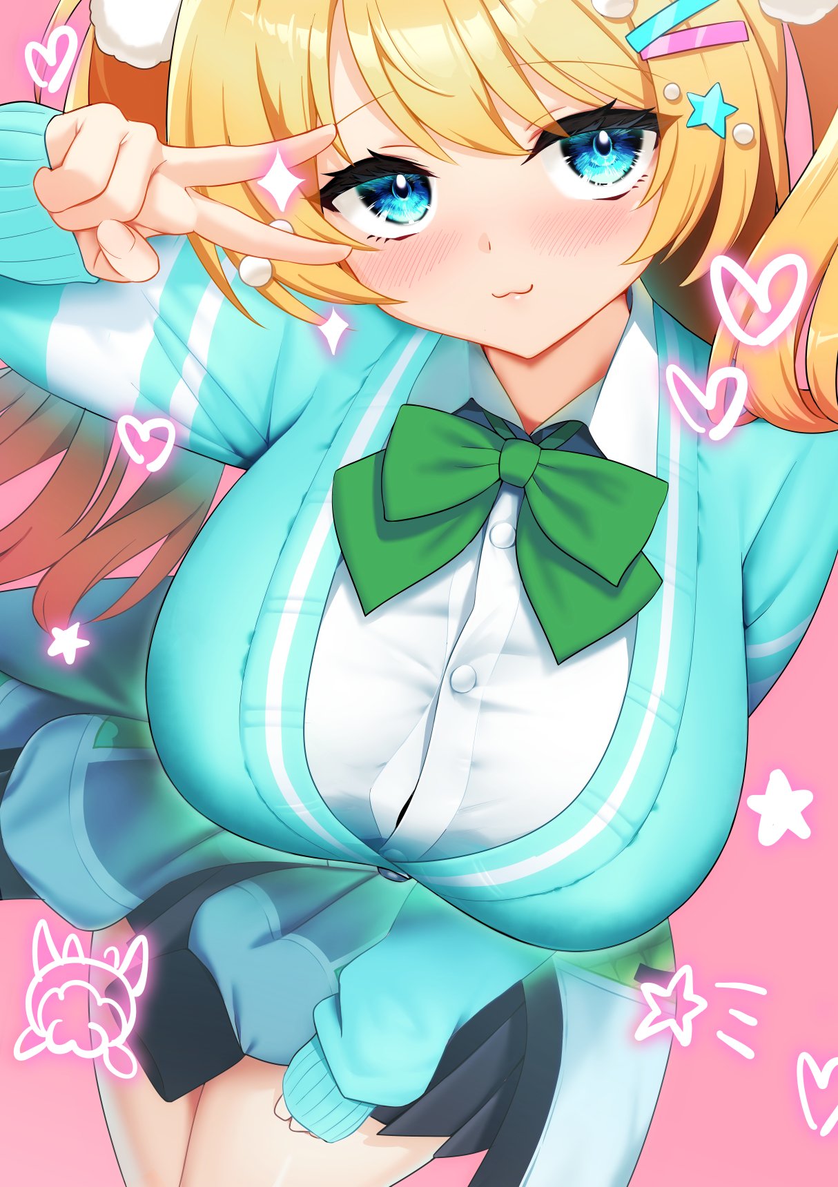 1girl, :3, aqua_cardigan, aqua_eyes, black_skirt, blonde_hair, bow, bowtie, breasts, cardigan, closed_mouth, clothes_around_waist, flute_melville, green_bow, green_bowtie, hair_ornament, hairpin, harimayuslayer, heart, highres, jacket, jacket_around_waist, large_breasts, long_hair, looking_at_viewer, muv-luv, muv-luv_girls_garden, pink_background, pom_pom_(clothes), pom_pom_hair_ornament, shirt, skirt, solo, sparkle, star_(symbol), star_hair_ornament, two_side_up, v, v_over_eye, white_shirt
