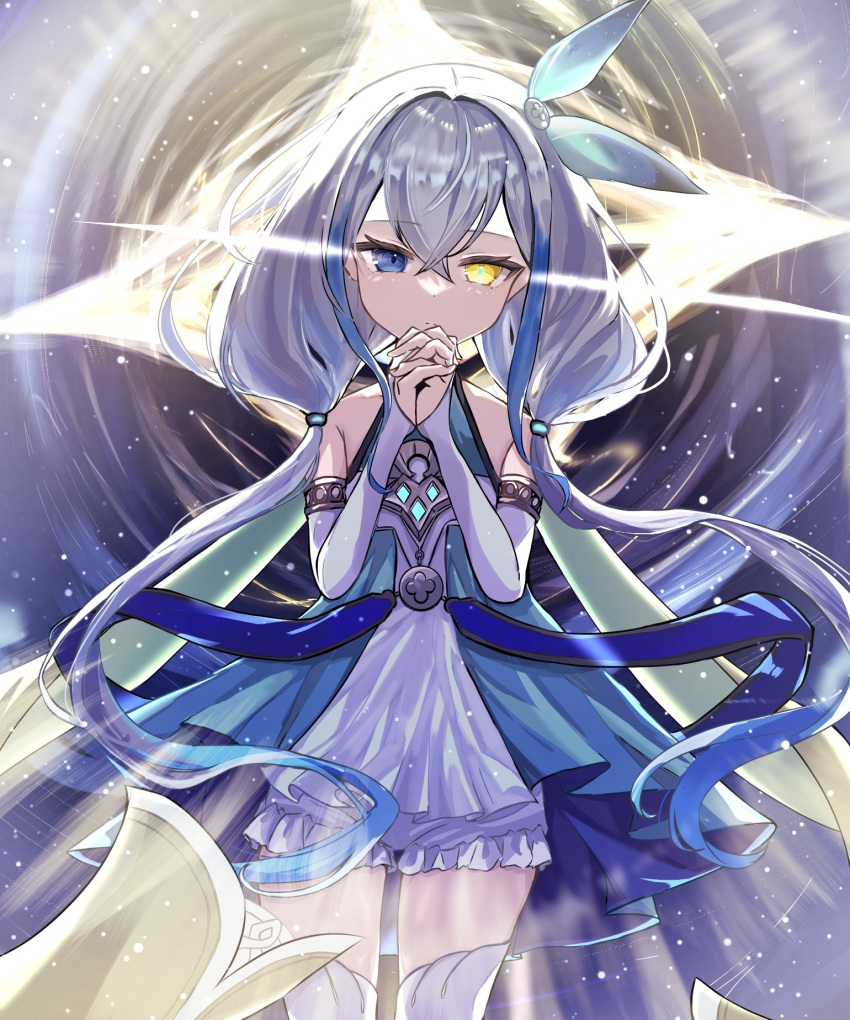1girl, backlighting, bare_shoulders, blue_dress, blue_eyes, blue_hair, detached_sleeves, dress, glowing_pupils, grey_hair, heterochromia, highres, layered_dress, long_hair, looking_at_viewer, low_twintails, multicolored_dress, multicolored_hair, own_hands_clasped, own_hands_together, shadowverse, shadowverse:_worlds_beyond, solo, streaked_hair, tamao_826, twintails, velharia_(shadowverse:_worlds_beyond), white_dress, white_sleeves, yellow_eyes