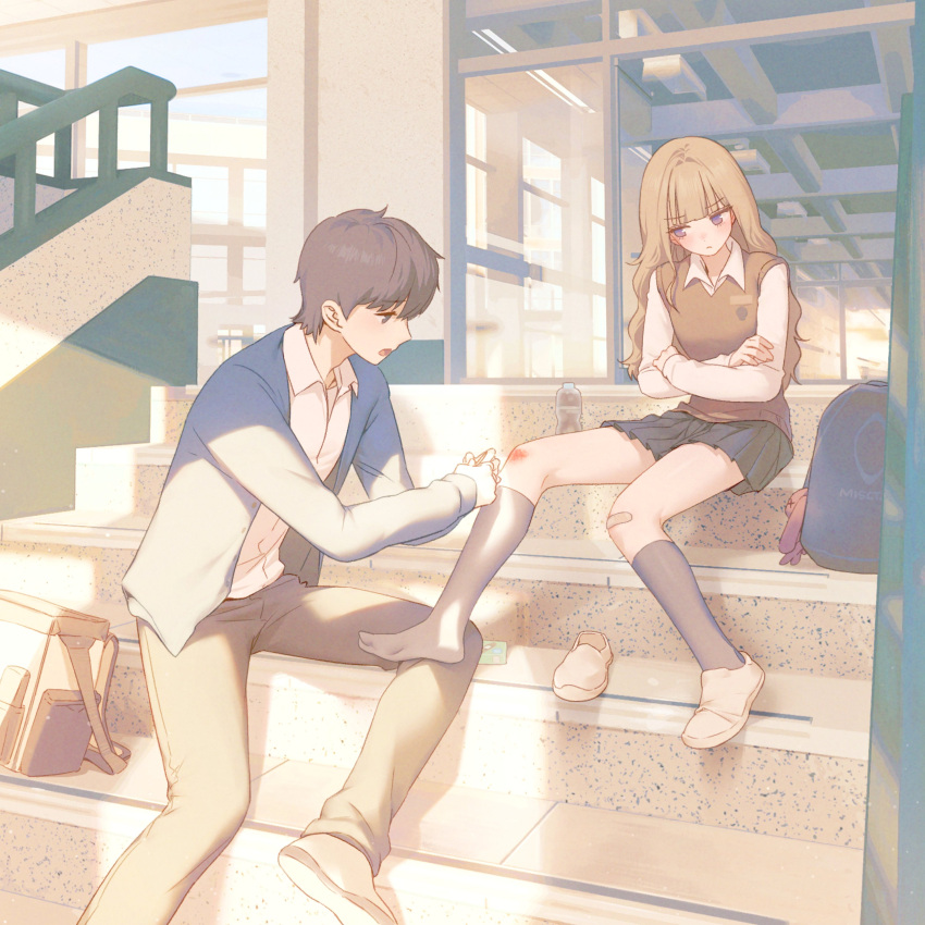 1boy, 1girl, absurdres, backpack, bag, bandaid, bandaid_on_knee, bandaid_on_leg