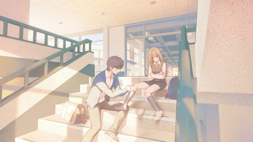 1boy, 1girl, absurdres, backpack, bag, bandaid, bandaid_on_knee, bandaid_on_leg
