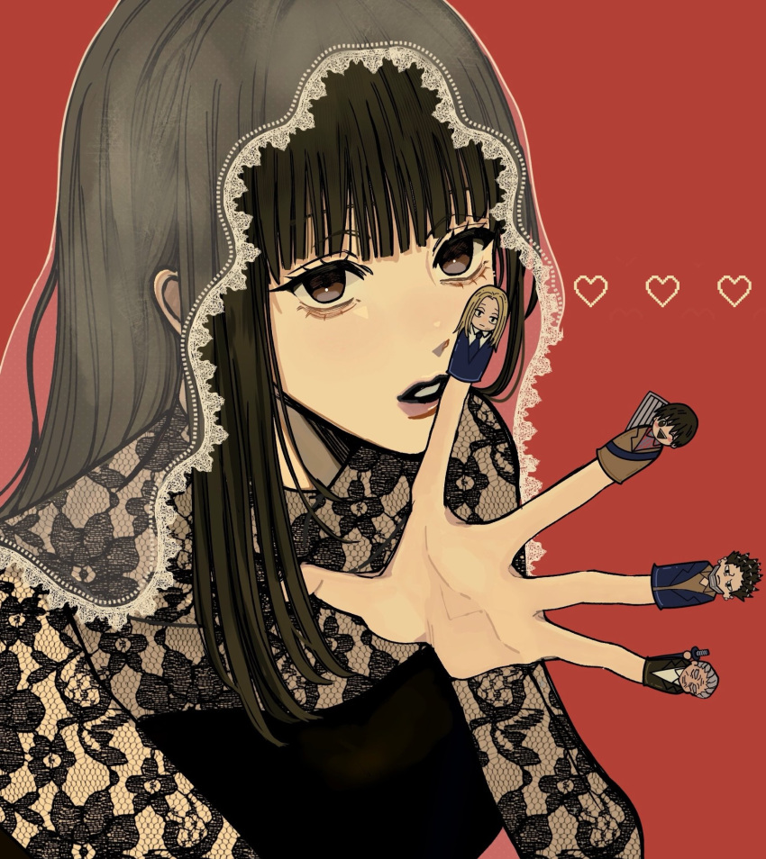 1girl, black_dress, black_eyes, black_hair, black_lips, commentary_request, dress, finger_puppet