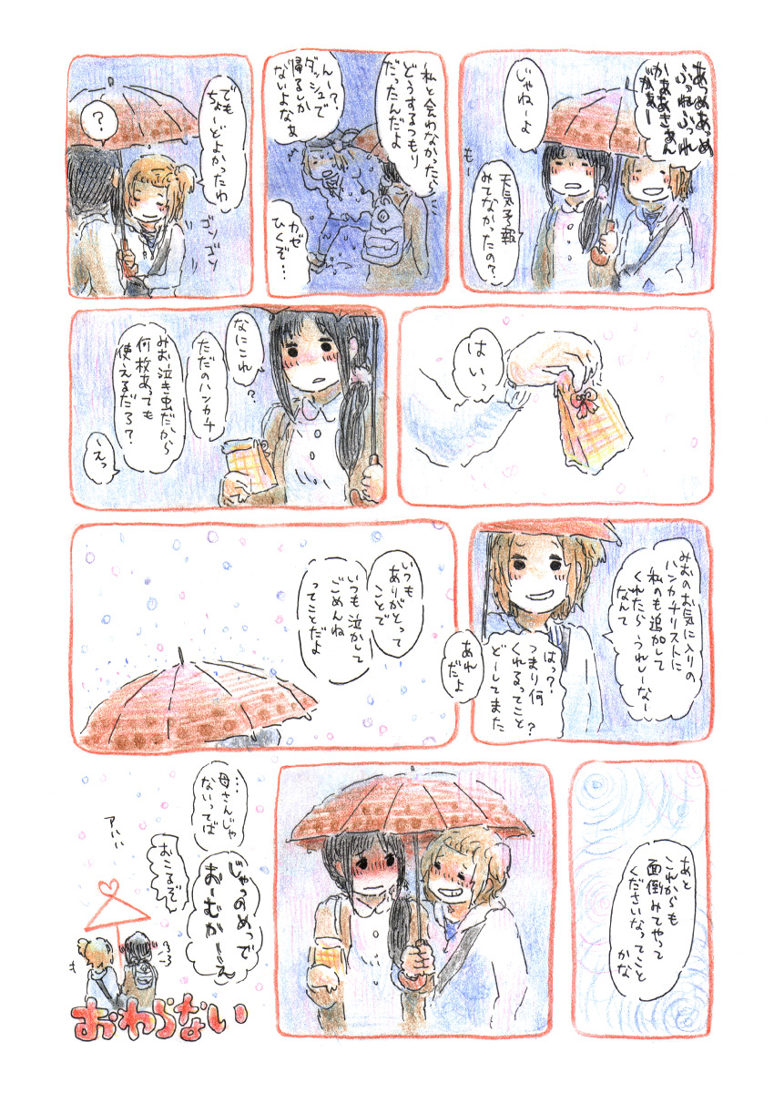 2girls, akiyama_mio, blush, comic, gift, highres, k-on!, multiple_girls