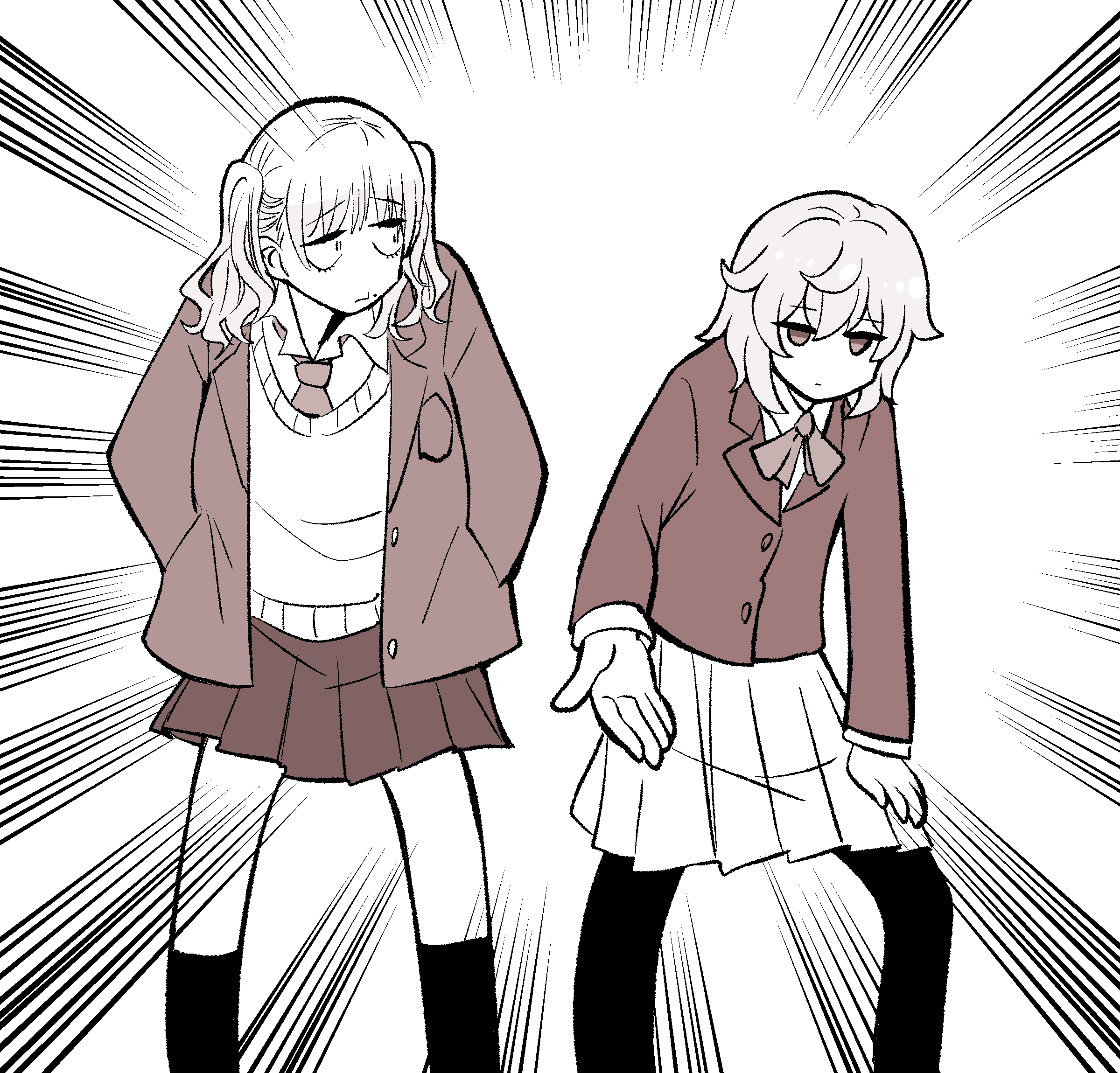 2girls, black_pantyhose, black_socks, blazer, closed_mouth, collared_shirt, emphasis_lines, expressionless