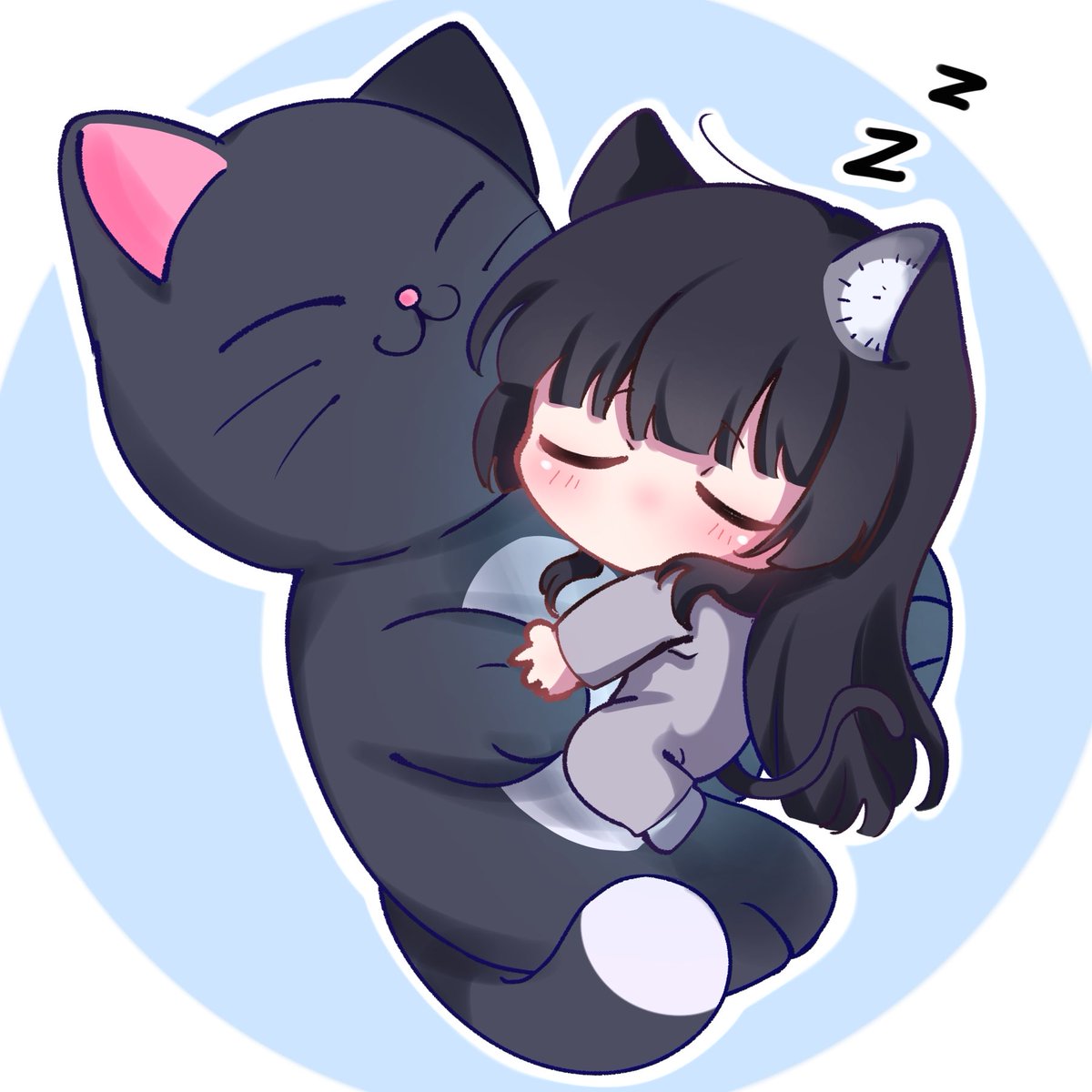 1girl, 1other, animal_ears, bang_dream!, black_cat, black_hair, cat, cat_ears