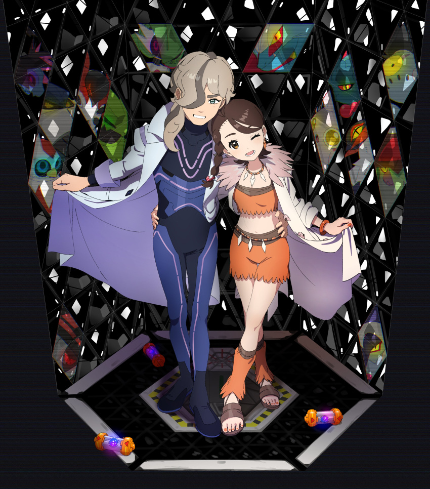 1boy, 1girl, absurdres, arven_(pokemon), blue_eyes, bodysuit, brown_eyes, brown_hair