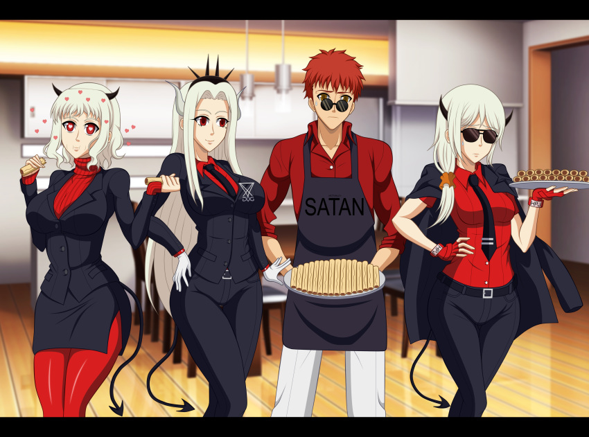 1boy, 3girls, absurdres, apron, belt, black_apron, black_necktie, breasts