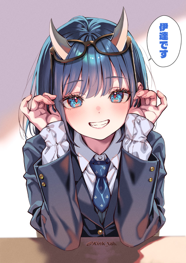 1girl, aoki_ruri, black-framed_eyewear, black_jacket, blue_eyes, blue_hair, blue_necktie, collared_shirt