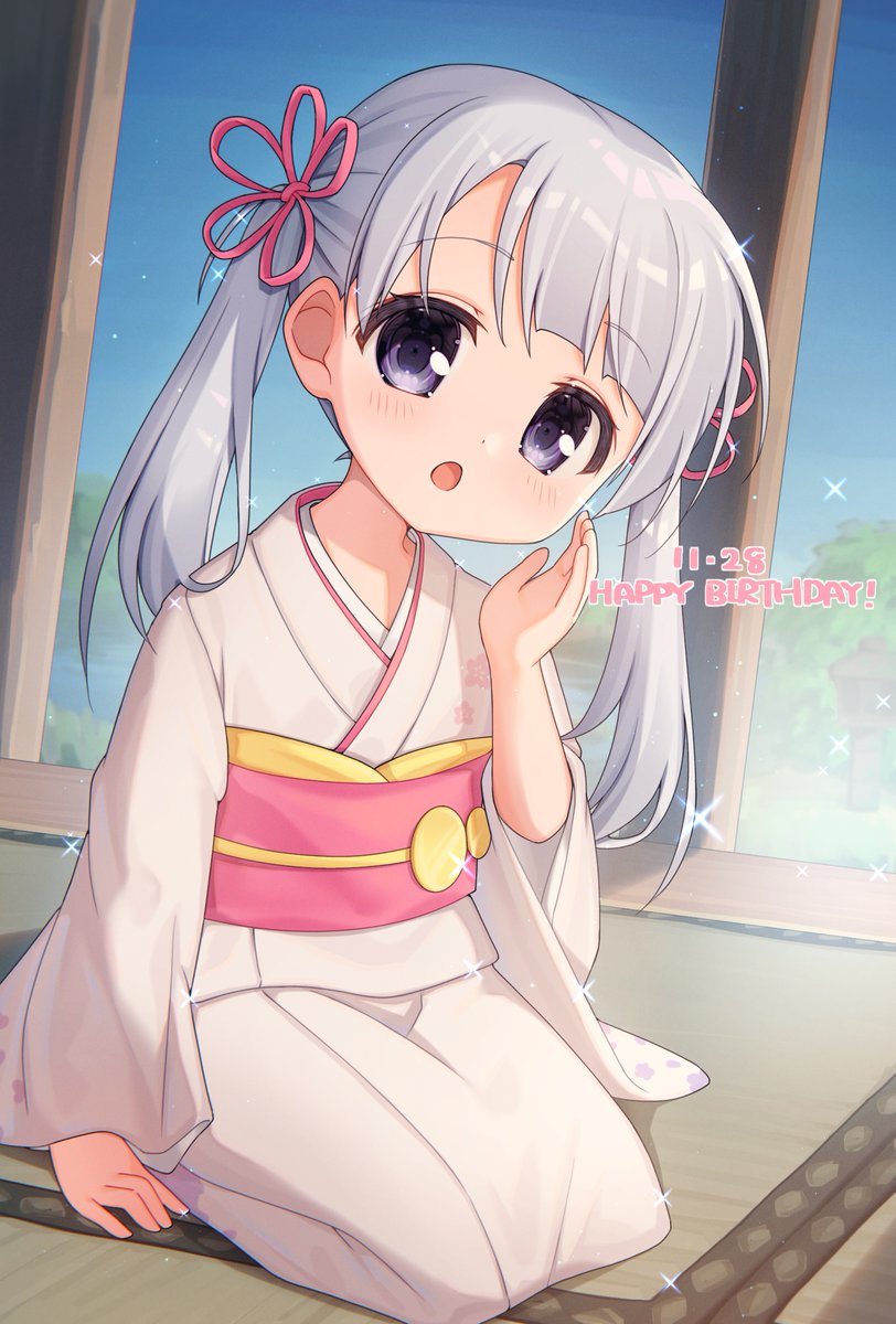 1girl, :o, blunt_bangs, cherry_blossom_print, coeiroink, dated, floral_print, floral_print_kimono