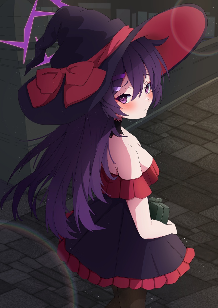 1girl, alternate_costume, black_dress, blue_archive, blush, breasts, choker, commentary