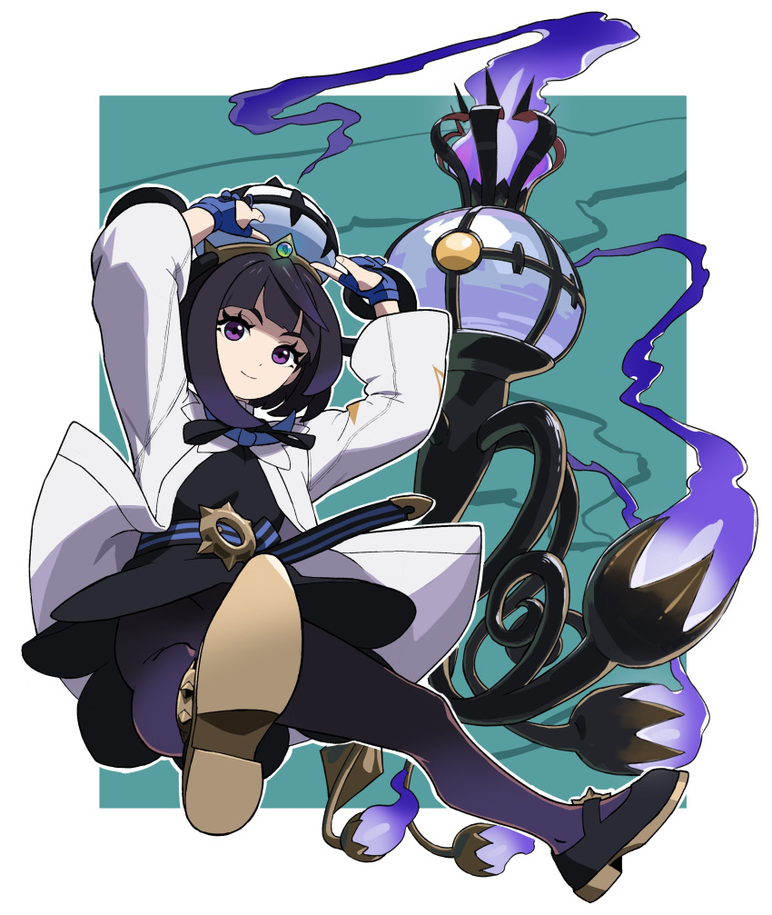 1girl, absurdres, arms_up, asdf_4532, belt, black_dress, black_hair, blunt_bangs, bob_cut, chandelure, coat, dress, gloves, gradient_hair, gwynn_(pokemon), hat, highres, long_sleeves, mega_chandelure, multicolored_hair, o-ring, o-ring_belt, open_clothes, open_coat, pantyhose, partially_fingerless_gloves, pokemon, pokemon_legends:_z-a, purple_hair, short_hair, violet_eyes, white_coat