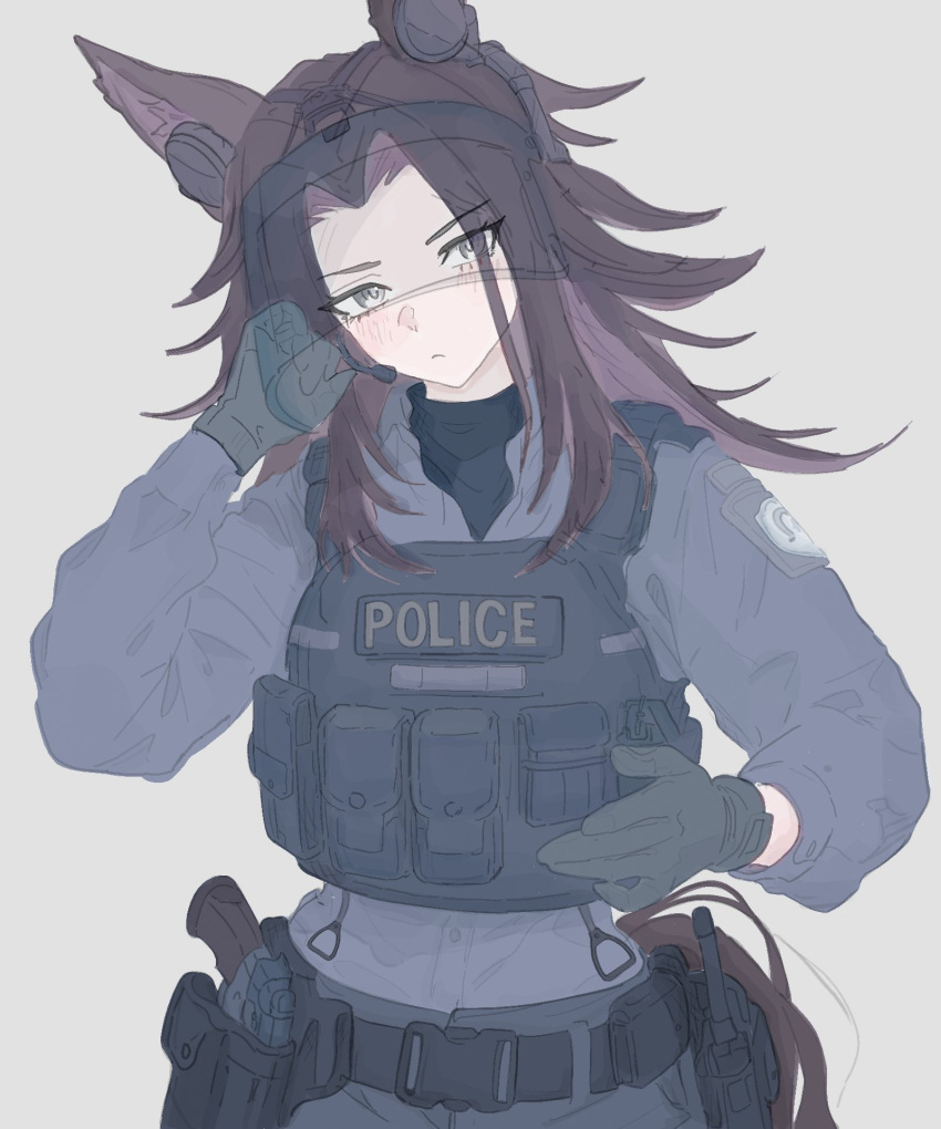1girl, animal_ears, belt, black_gloves, black_hair, bulletproof_vest, fenomeno_(umamusume), gloves, grey_shirt, gun, highres, holster, horse_ears, horse_girl, horse_tail, long_hair, long_sleeves, looking_at_viewer, makotan_art, multicolored_hair, pants, police, police_uniform, policewoman, purple_hair, shirt, simple_background, tail, umamusume, vest, visor_cap, weapon