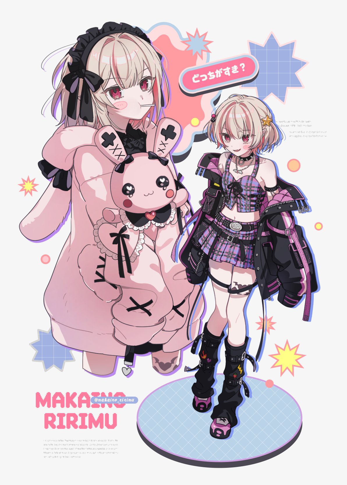 1girl, :t, animal_hood, arm_belt, arm_strap, belt, belt_buckle, black_belt, black_collar, black_headdress, black_jacket, black_leg_warmers, black_ribbon, black_straps, blush_stickers, bob_cut, buckle, center-flap_bangs, chain, chain_necklace, character_name, collar, collarbone, colored_inner_hair, crop_top, cropped_legs, cross-laced_clothes, cross-laced_top, ear_cuffs, fang, flame_print, floating_hair, food_print, frilled_jacket, frilled_shirt_collar, frills, fruit_print, full_body, grey_hair, hair_bobbles, hair_intakes, hair_ornament, heart, heart_print, highres, hood, hood_down, hooded_jacket, hugging_doll, hugging_object, jacket, jewelry, leg_belt, leg_tattoo, leg_warmers, lightning_bolt_print, lollipop_in_mouth, loose_belt, maid_headdress, makaino_ririmu, makaino_ririmu_(5th_costume), makaino_ririmu_(6th_costume), matana, medium_hair, midriff, miniskirt, multicolored_hair, multiple_belts, multiple_views, navel, necklace, nijisanji, no_headwear, off_shoulder, open_clothes, open_jacket, parted_lips, pendant, pink_belt, pink_hair, pink_jacket, pink_shoes, pink_skirt, pink_streaks, plaid_clothes, plaid_skirt, pleated_skirt, pointy_ears, rabbit_hood, red_eyes, ribbon, shoes, short_hair, shoulder_tattoo, skin_fang, skirt, sleeves_past_fingers, sleeves_past_wrists, smile, spiked_collar, spikes, standing, star_(symbol), star_hair_ornament, strawberry_print, streaked_hair, studded_belt, stuffed_animal, stuffed_rabbit, stuffed_toy, tattoo, thigh_strap, two-sided_fabric, two-sided_jacket, two-tone_hair, two_side_up, unbuttoned, unzipped, v_arms, virtual_youtuber, white_background, winged_heart, winged_heart_tattoo, wolf_cut