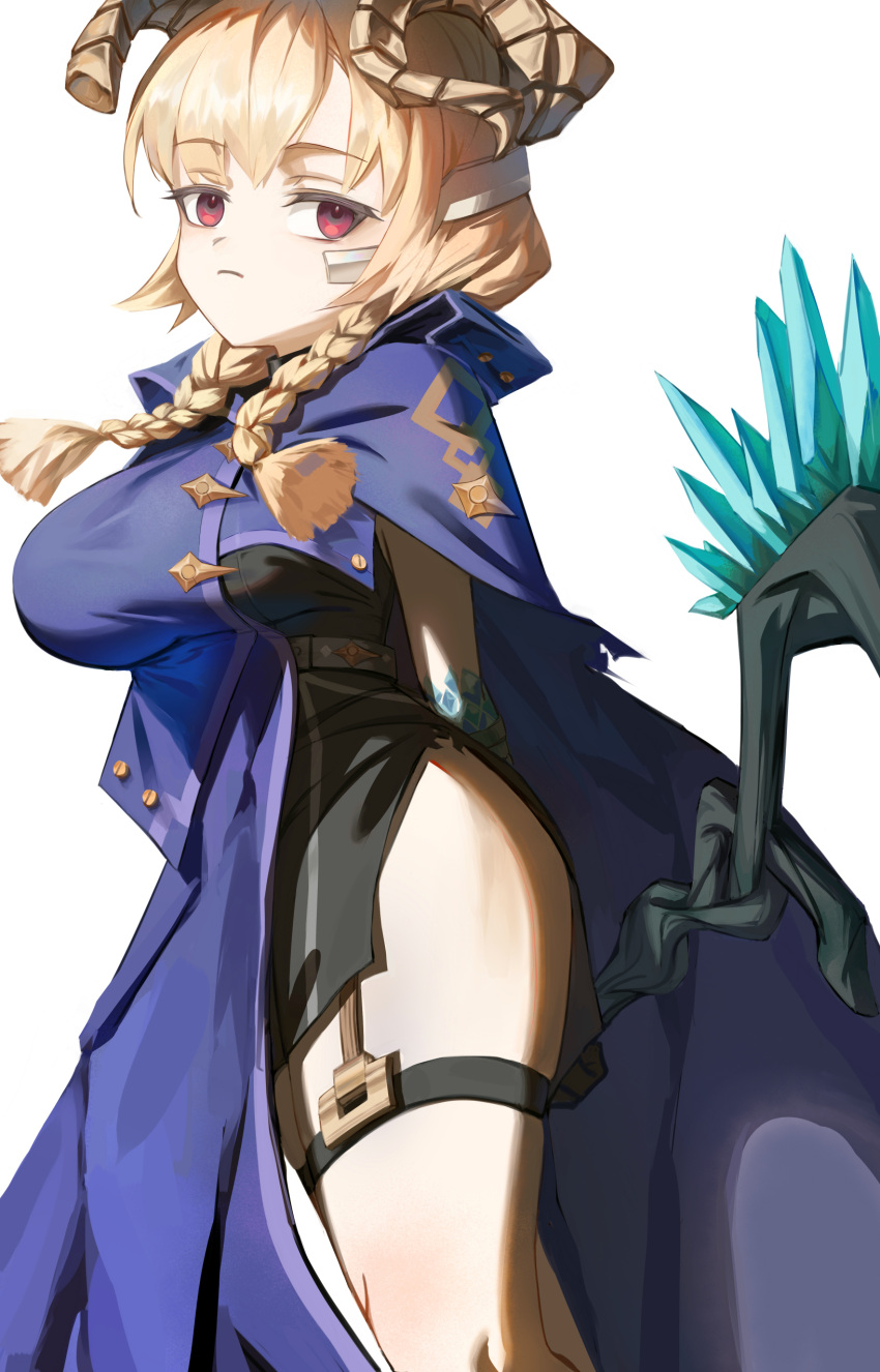 absurdres, ai_limit, blue_cloak, braid, cloak, curled_horns, highres, holding, holding_staff, horns, hou_lai, low_twin_braids, millaire, pout, staff, twin_braids, yellow_horns