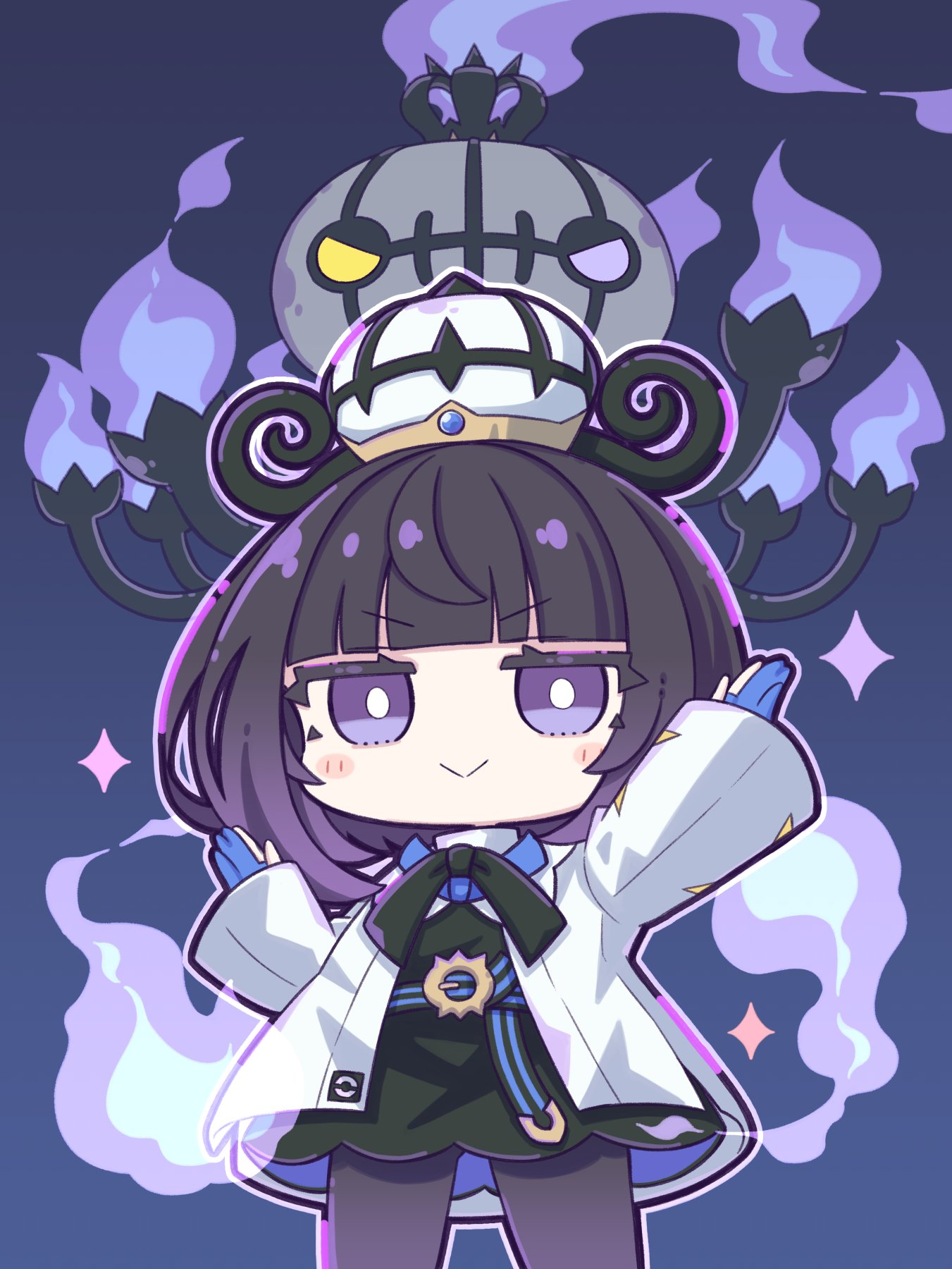 >:), 1girl, :>, black_dress, black_hair, blue_gloves, blunt_bangs, blush