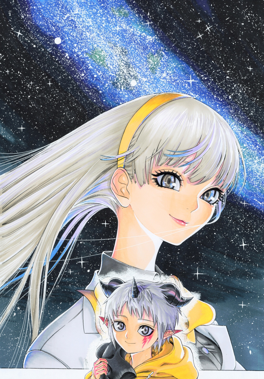 1boy, 1girl, aegiomon, black_horns, breasts, digimon, digimon_(creature), digimon_story:_time_stranger