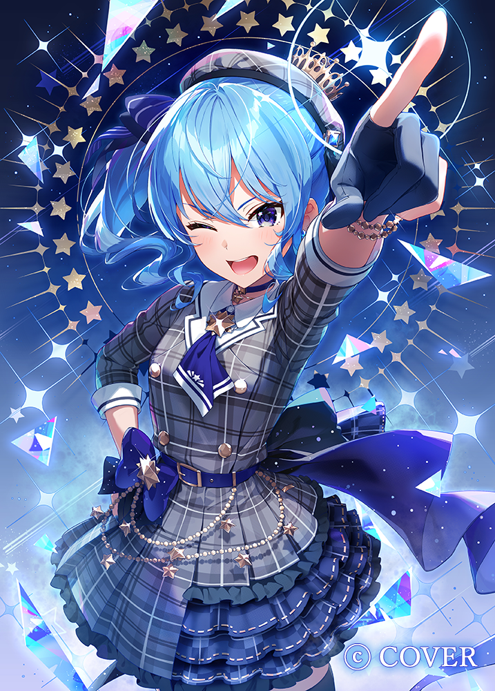1girl, ;d, arm_up, ascot, bead_bracelet, beads, belt, beret, black_gloves, black_thighhighs, blue_ascot, blue_belt, blue_bow, blue_choker, blue_eyes, blue_hair, blue_ribbon, bow, bracelet, buttons, choker, collared_shirt, commentary_request, double-breasted, double-parted_bangs, earrings, frilled_skirt, frills, gloves, grey_hat, grey_jacket, grey_skirt, hair_between_eyes, hair_ribbon, hand_on_own_hip, hat, hololive, hoshimachi_suisei, hoshimachi_suisei_(1st_costume), jacket, jewelry, looking_at_viewer, medium_hair, miniskirt, mochida_touri, official_art, one_eye_closed, open_mouth, outstretched_arm, partially_fingerless_gloves, plaid_clothes, plaid_hat, plaid_jacket, plaid_skirt, pleated_skirt, pointing, pointing_up, ribbon, shirt, side_ponytail, sidelocks, skirt, skirt_set, sleeve_cuffs, smile, solo, star_(symbol), star_bracelet, star_choker, star_earrings, star_in_eye, symbol_in_eye, teeth, thigh-highs, three-quarter_sleeves, upper_teeth_only, virtual_youtuber, waist_bow, white_shirt