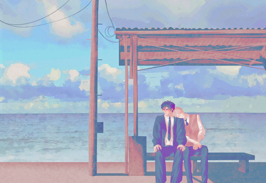 2boys, absurdres, black_coat, black_hair, black_necktie, blonde_hair, bus_stop_shelter, coat