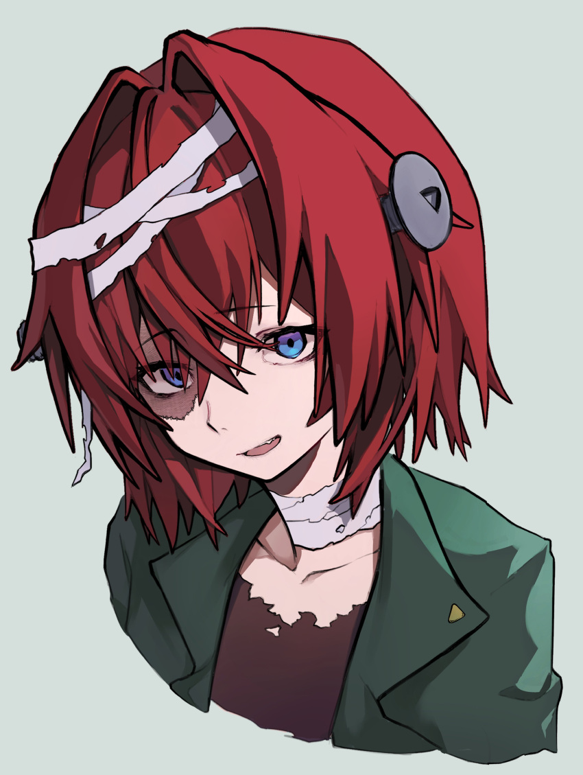 1girl, absurdres, akechi_(akechi_5416), alternate_costume, ange_katrina, bandaged_head, bandaged_neck, bandages, blue_eyes, brown_shirt, chapped_lips, collarbone, commentary_request, cosplay, cropped_shoulders, crossed_bangs, frankenstein's_monster, frankenstein's_monster_(cosplay), green_jacket, grey_background, hair_between_eyes, hair_intakes, halloween_costume, highres, jacket, lapels, long_bangs, looking_at_viewer, medium_hair, nijisanji, object_through_head, open_mouth, red_hair, screw_in_head, shirt, simple_background, solo, stitched_face, stitches, teeth, torn_clothes, torn_shirt, upper_teeth_only, virtual_youtuber