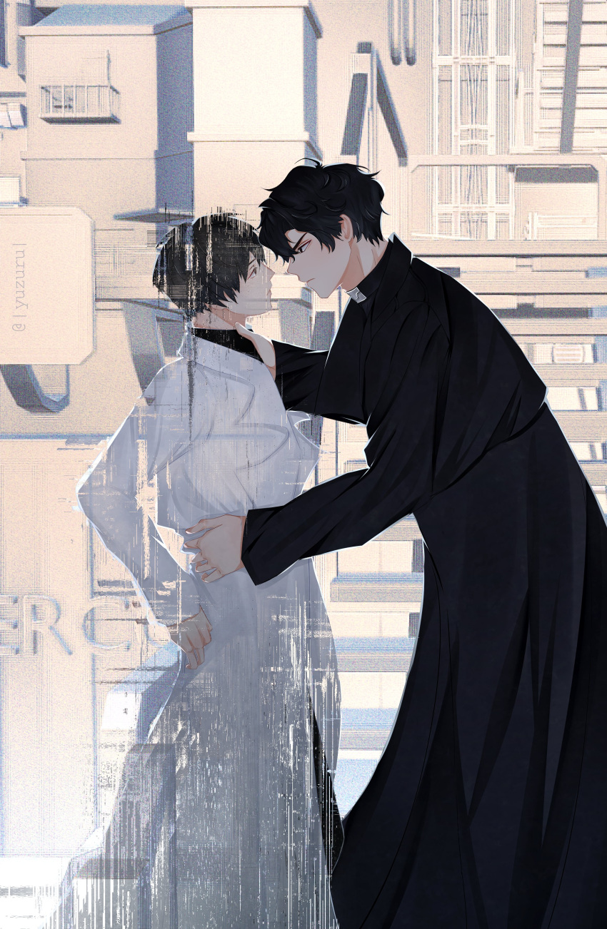 2boys, absurdres, backlighting, belt, black_coat, black_hair, black_shirt, building
