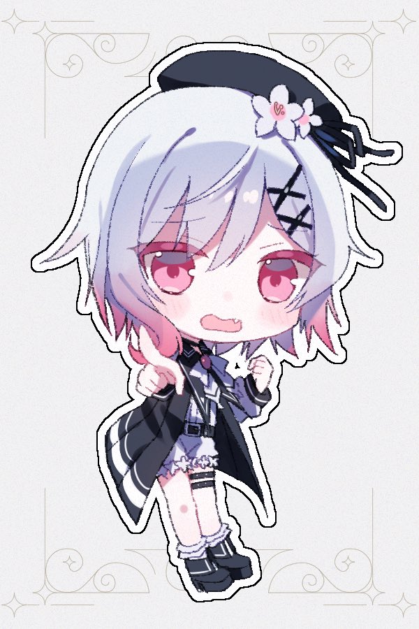 1girl, beret, black_hat, black_shoes, chibi, chibi_only, fang, flower