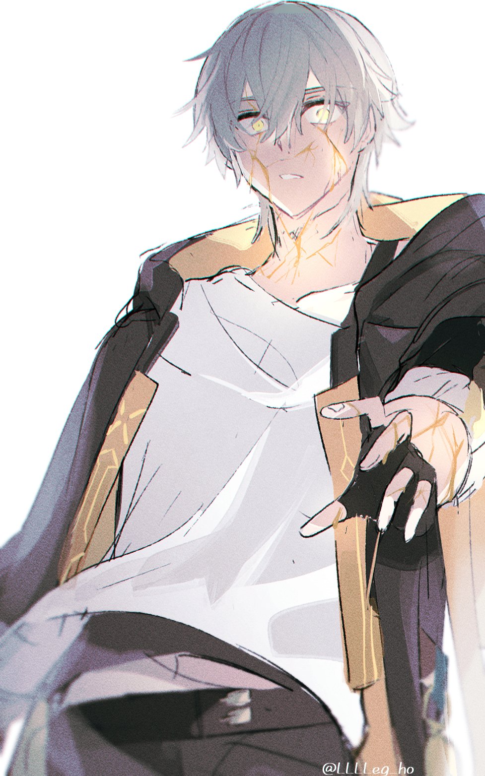 1boy, artist_name, black_coat, black_gloves, black_pants, broken_skin, caelus_(honkai:_star_rail), coat