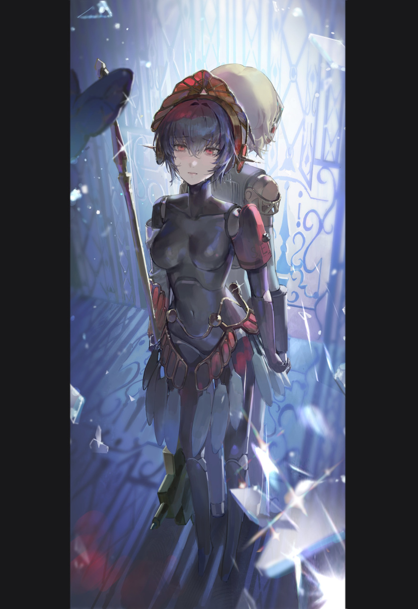 00608d, 2girls, absurdres, aigis_(persona), android, armband, back-to-back, black_hair