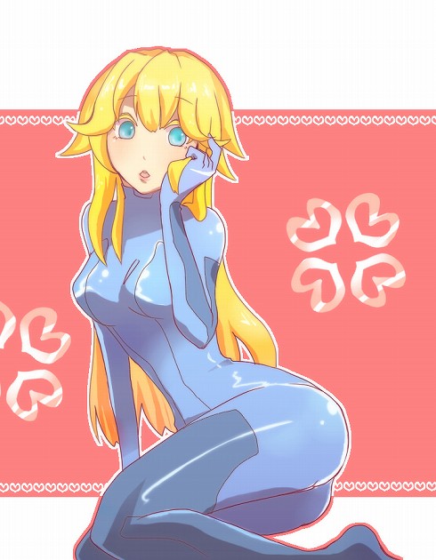 adjusting_hair, arm_support, ass, bangs, blonde_hair, blue_eyes, bodysuit, colored_eyelashes