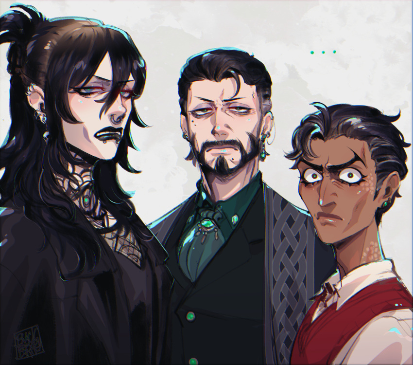 ..., 3boys, absurdres, androgynous, angry, aquiline_nose, ascot, bags_under_eyes, beard, black_eyeliner, black_hair, black_jacket, black_lips, black_shirt, blackberreh-art, blonde_hair_roots, collared_shirt, crow's_feet, design_speculation, ear_piercing, earrings, elias_bouchard, eyelashes, eyeliner, eyeshadow, facial_hair, fishnet_top, fishnets, frown, frown_lines, furrowed_brow, gerard_keay, goth_fashion, green_pupils, green_shirt, grey_hair, hair_slicked_back, highres, jacket, jewelry, jitome, jonathan_sims, lips, long_hair, makeup, male_focus, mature_male, mole, mole_under_eye, mole_under_mouth, multicolored_hair, multiple_boys, neck_tattoo, nose, pale_skin, piercing, roots_(hair), sanpaku, scar, scar_on_face, septum_piercing, shirt, short_hair, smile_lines, snakebite_(piercing), tattoo, teeth, the_magnus_archives, trait_connection, two-tone_hair, vest, white_shirt, wide-eyed, wrinkled_skin