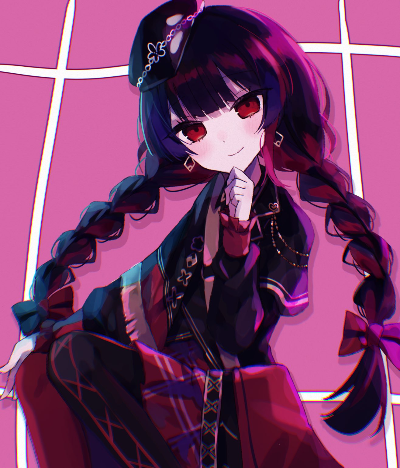 1girl, black_capelet, black_hair, black_hat, blunt_bangs, braid, capelet, closed_mouth