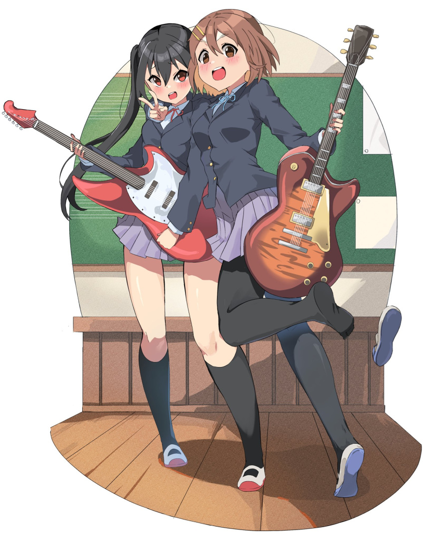 2girls, black_hair, black_jacket, black_pantyhose, black_socks, blush, brown_eyes, brown_hair
