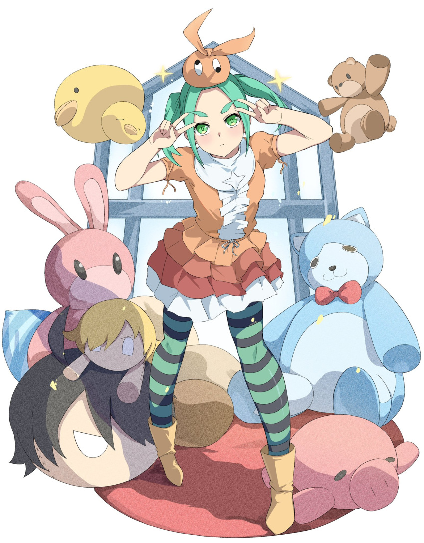 1girl, aqua_hair, aqua_thighhighs, araragi_koyomi, black_thighhighs, boots, character_doll, check_copyright, closed_mouth, commentary_request, copyright_request, doll, double_v, dress, full_body, green_eyes, hands_up, hat, highres, looking_at_viewer, medium_hair, monogatari_(series), onabe915, ononoki_yotsugi, orange_dress, orange_hat, oshino_shinobu, pantyhose, parted_bangs, short_sleeves, simple_background, solo, standing, striped_clothes, striped_pantyhose, stuffed_animal, stuffed_toy, thick_eyebrows, thigh-highs, twintails, v, white_background, yellow_boots