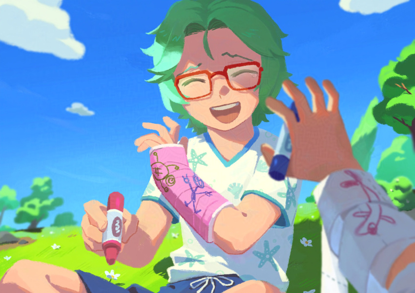 74000000star, blue_shorts, cast, child, closed_eyes, clouds, commentary, cove_holden