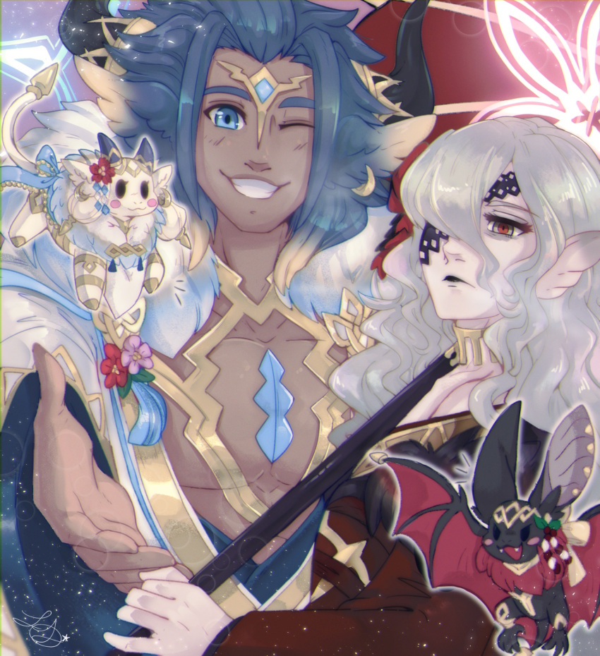 2boys, 2girls, alternate_form, animal_ears, ash_(fire_emblem), ash_(new_year)_(fire_emblem), askr_(fire_emblem), askr_(new_year)_(fire_emblem), bat_(animal), bat_ears, blue_eyes, blue_hair, chibi, chibi_inset, collarbone, commentary, cow, cow_ears, cow_horns, ear_piercing, elm_(fire_emblem), elm_(new_year)_(fire_emblem), embla_(fire_emblem), embla_(new_year)_(fire_emblem), english_commentary, fire_emblem, fire_emblem_heroes, flower, grey_eyes, hair_flower, hair_ornament, highres, horns, japanese_clothes, kimono, lace-trimmed_eyepatch, long_hair, lustrousdreams, multicolored_eyes, multiple_boys, multiple_girls, official_alternate_costume, one_eye_closed, one_eye_covered, piercing, pointy_ears, red_background, red_eyes, red_flower, red_kimono, smile, solo, two-tone_eyes, umbrella, upper_body, white_hair