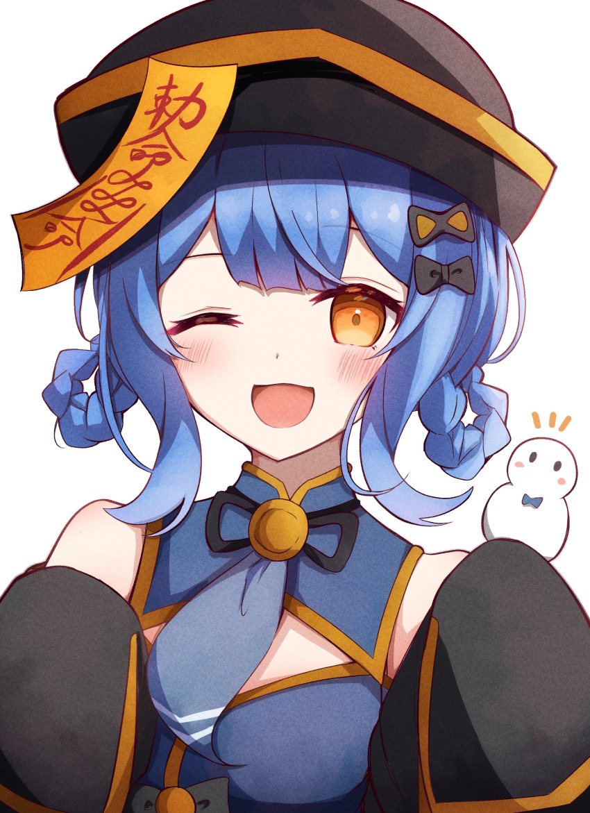 1girl, ;d, absurdres, black_hat, blue_hair, braid, braided_hair_rings, frapan_pan, hair_rings, halloween_costume, hashtag-only_commentary, hat, highres, jiangshi_costume, long_sleeves, looking_at_viewer, mahou_shoujo_no_majo_saiban, ofuda, ofuda_on_head, one_eye_closed, open_mouth, qingdai_guanmao, short_hair, simple_background, sleeves_past_fingers, sleeves_past_wrists, smile, solo, tachibana_sherry, upper_body, white_background
