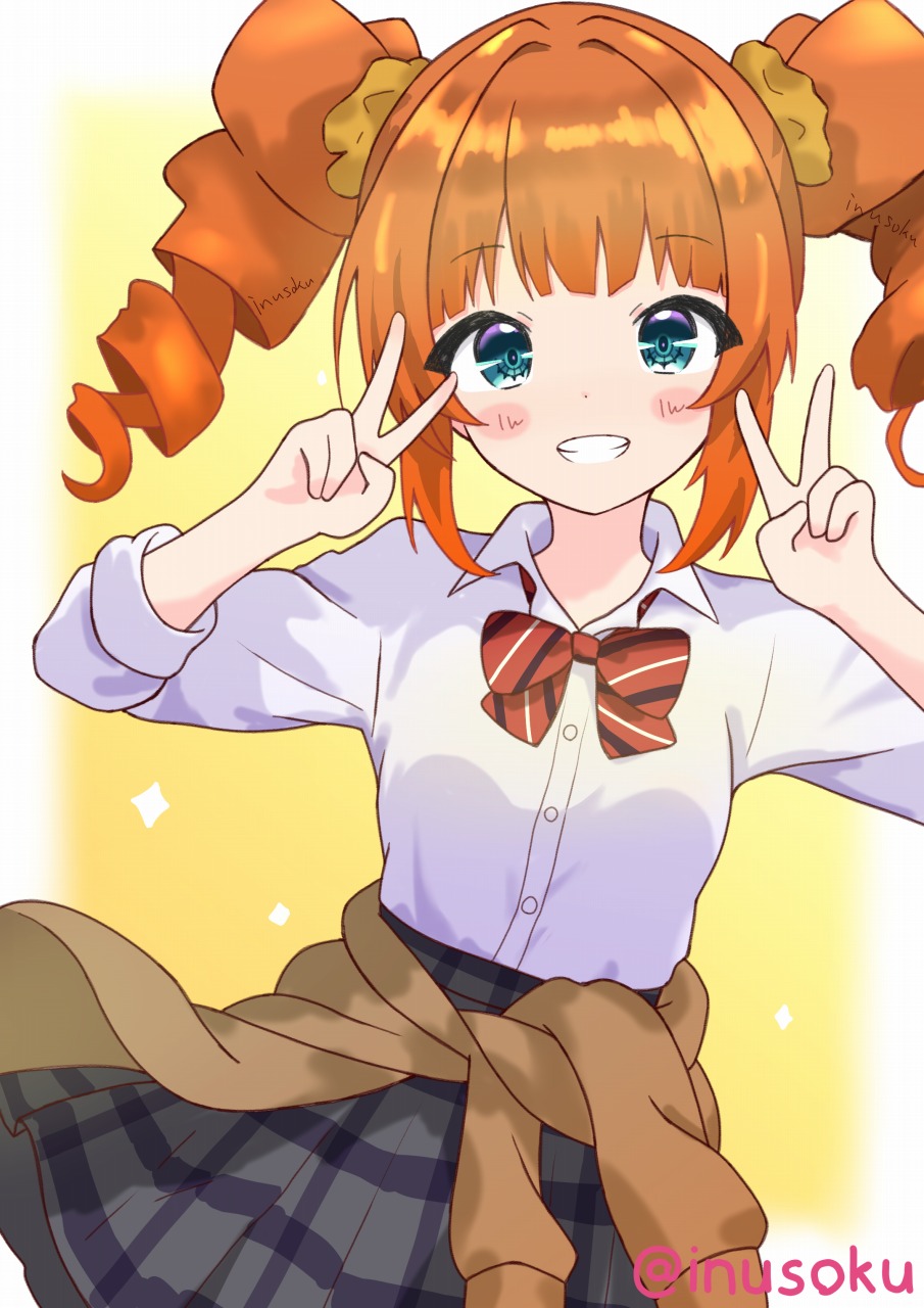 1girl, artist_name, blurry_border, blush_stickers, bow, breasts, brown_cardigan, cardigan