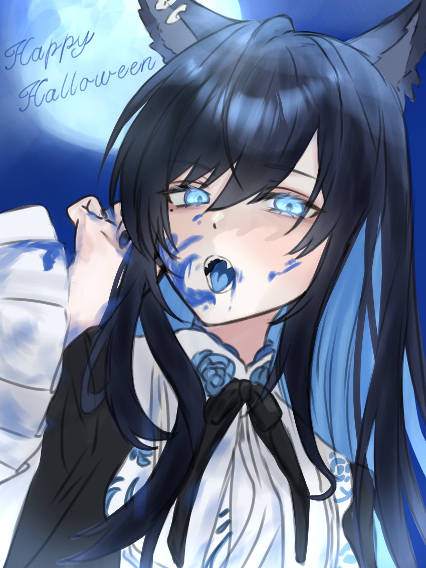 1girl, 89_701, absurdres, ado_(utaite), animal_ear_piercing, black_hair, blue_eyes, blue_hair
