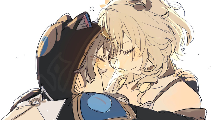 2girls, aglaea_(honkai:_star_rail), animal_ear_fluff, animal_ears, animal_hood, blonde_hair, blush, cat_ears
