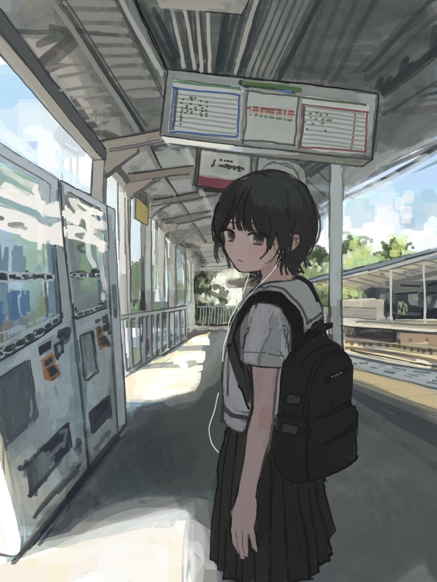 1girl, 62_retas, backpack, bag, black_hair, black_skirt, blue_sky, closed_mouth