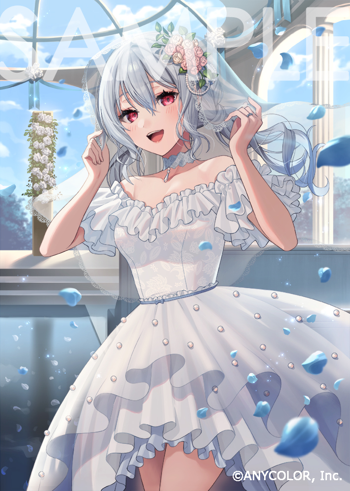 1girl, :d, arcade_(architecture), arch, bare_shoulders, beads, breasts, bridal_veil