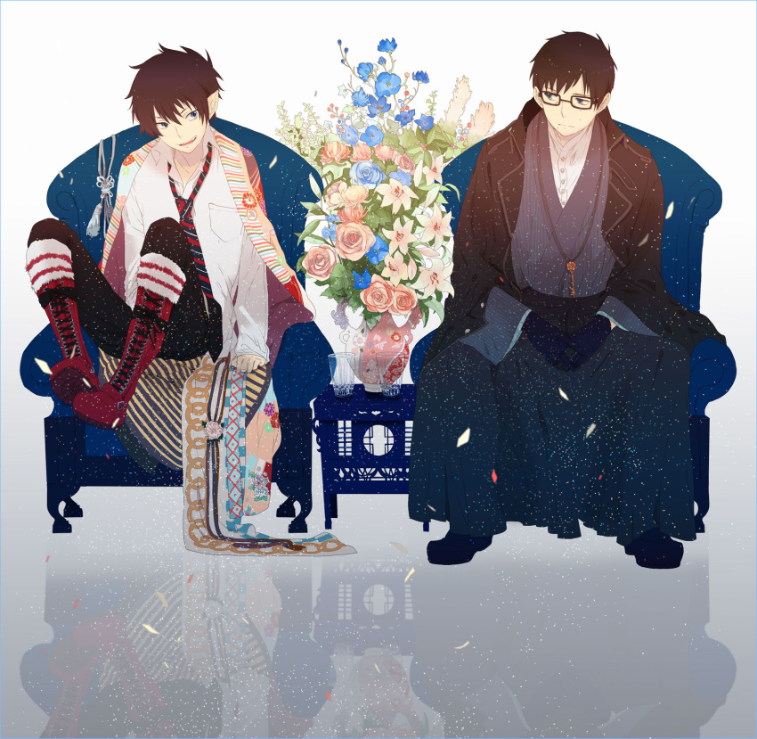 ao_no_exorcist, black_hair, blue_eyes, boots, brothers, confetti, fang, glass