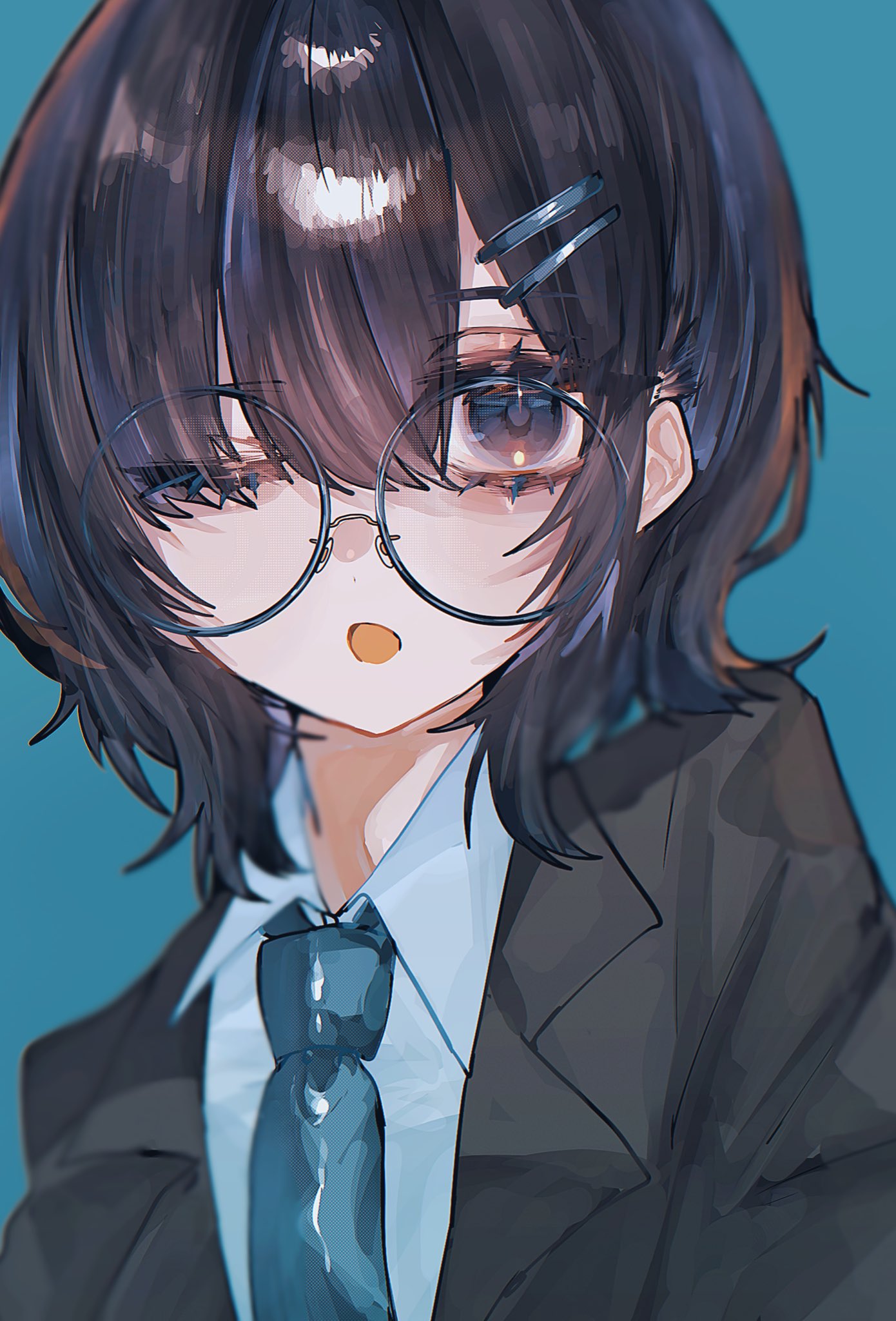 1girl, black_eyes, black_hair, black_jacket, blazer, blue_background, blue_necktie, collared_shirt