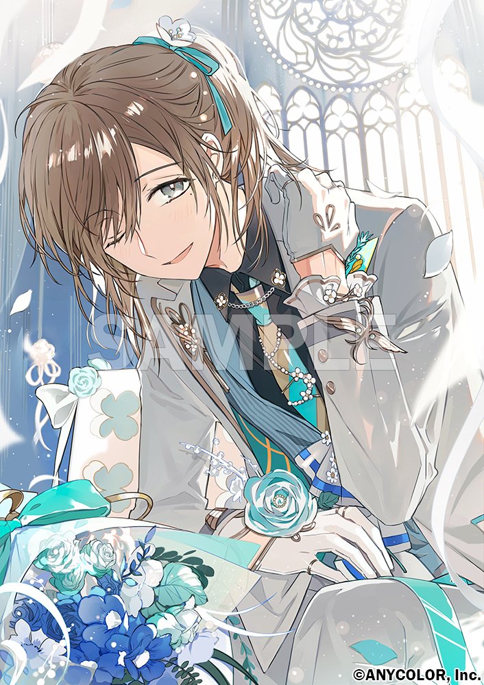 1boy, ;d, anemone_(flower), aqua_belt, aqua_flower, aqua_jacket, aqua_necktie, aqua_ribbon